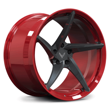 Custom forged carbon flash metallic wheel with a sleek red finish and a five-spoke design, perfect for any vehicle.